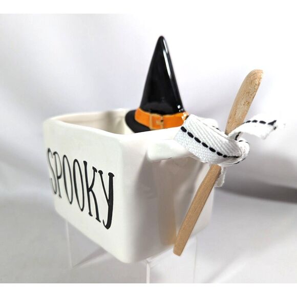 Mudd Pie Spooky Ceramic Bowl Wood Spoon Witch Hat White Black Halloween Gift NEW - Picture 4 of 5